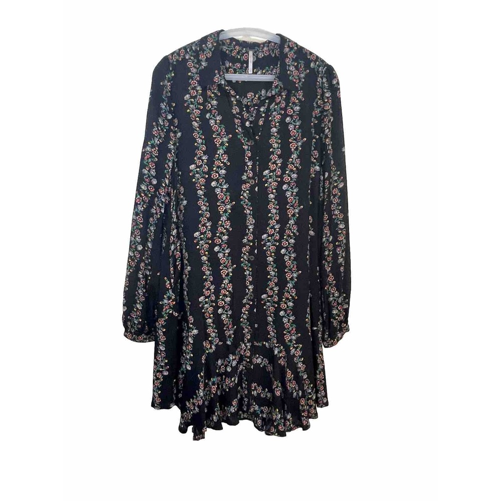 Free People Women Size Small Boho Black Floral LS Shirt Dress Dress OB412200